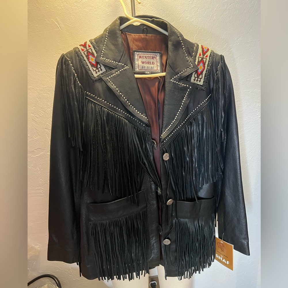 Western World by Shaf NWT Vintage Biker Black Fringe Koto Leather Jacket - Picture 4 of 12